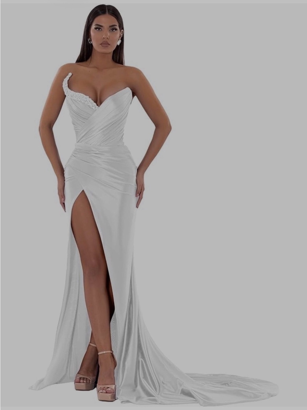White One-Shoulder Ruched Satin Wedding Gown with High Slit